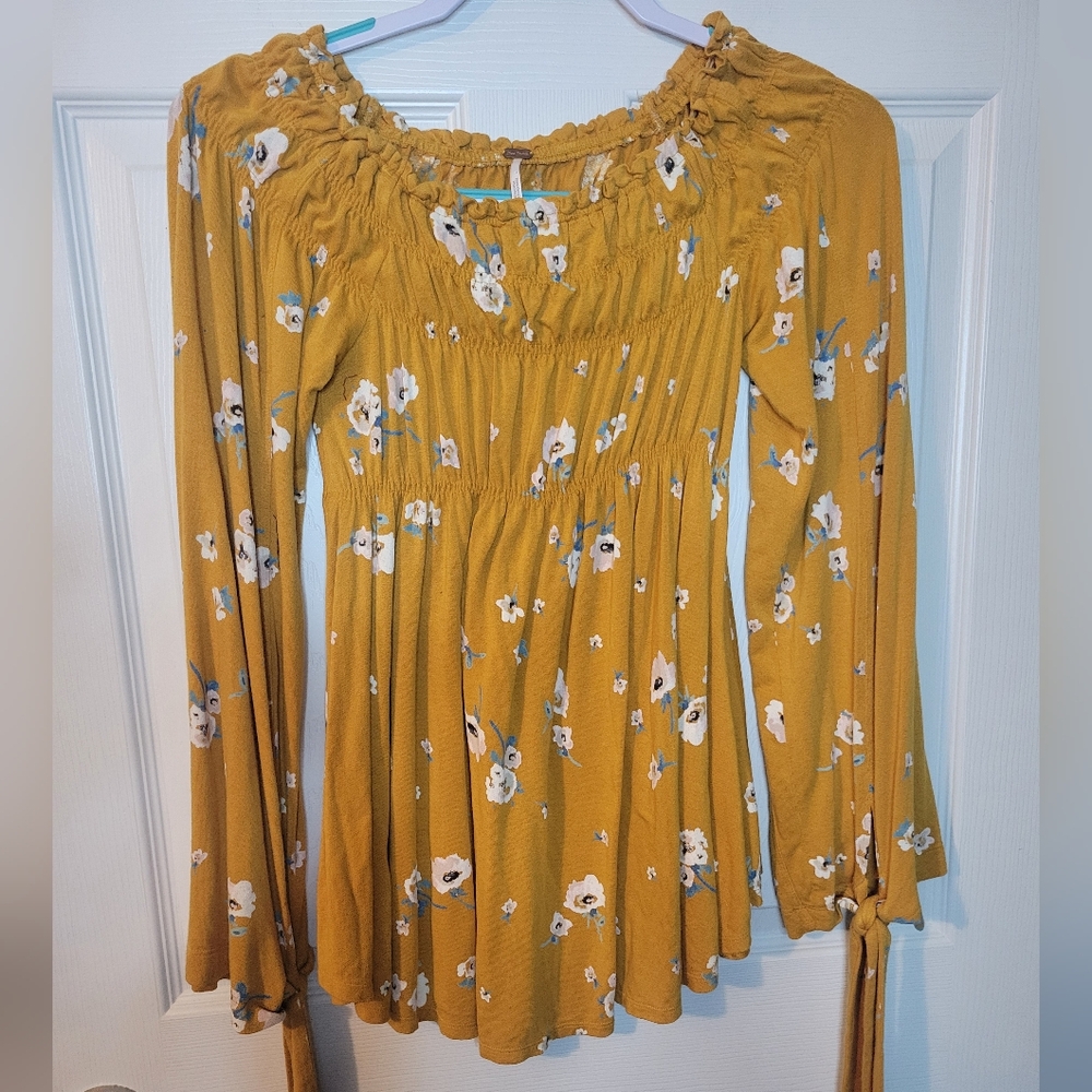 Free People XS Bonjour Tunic yellow Long sleeved floral mini dress bohemian